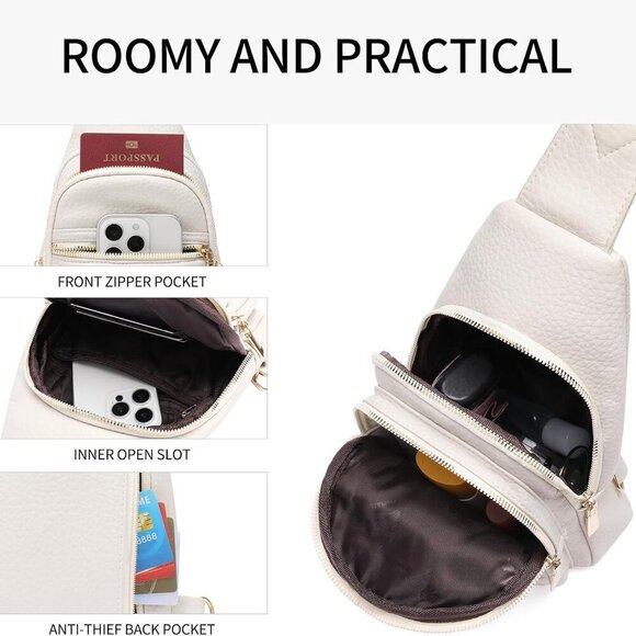 Travel Ready Sling Bag - Beige Vegan Leather Crossbody with Multiple Pockets - Picture 2 of 6